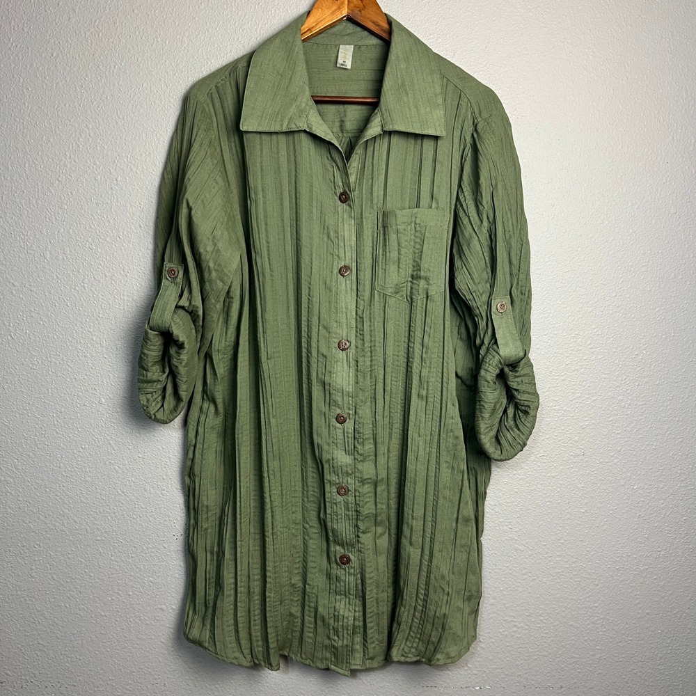 Mynah Olive Green‎ Crinkle Lightweight Button Down Tunic Top Roll Tab Sleeves 0X